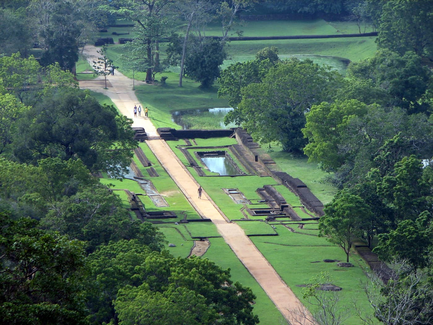 The straight axis of the Sigiriya water gardens seen from high on the rock
