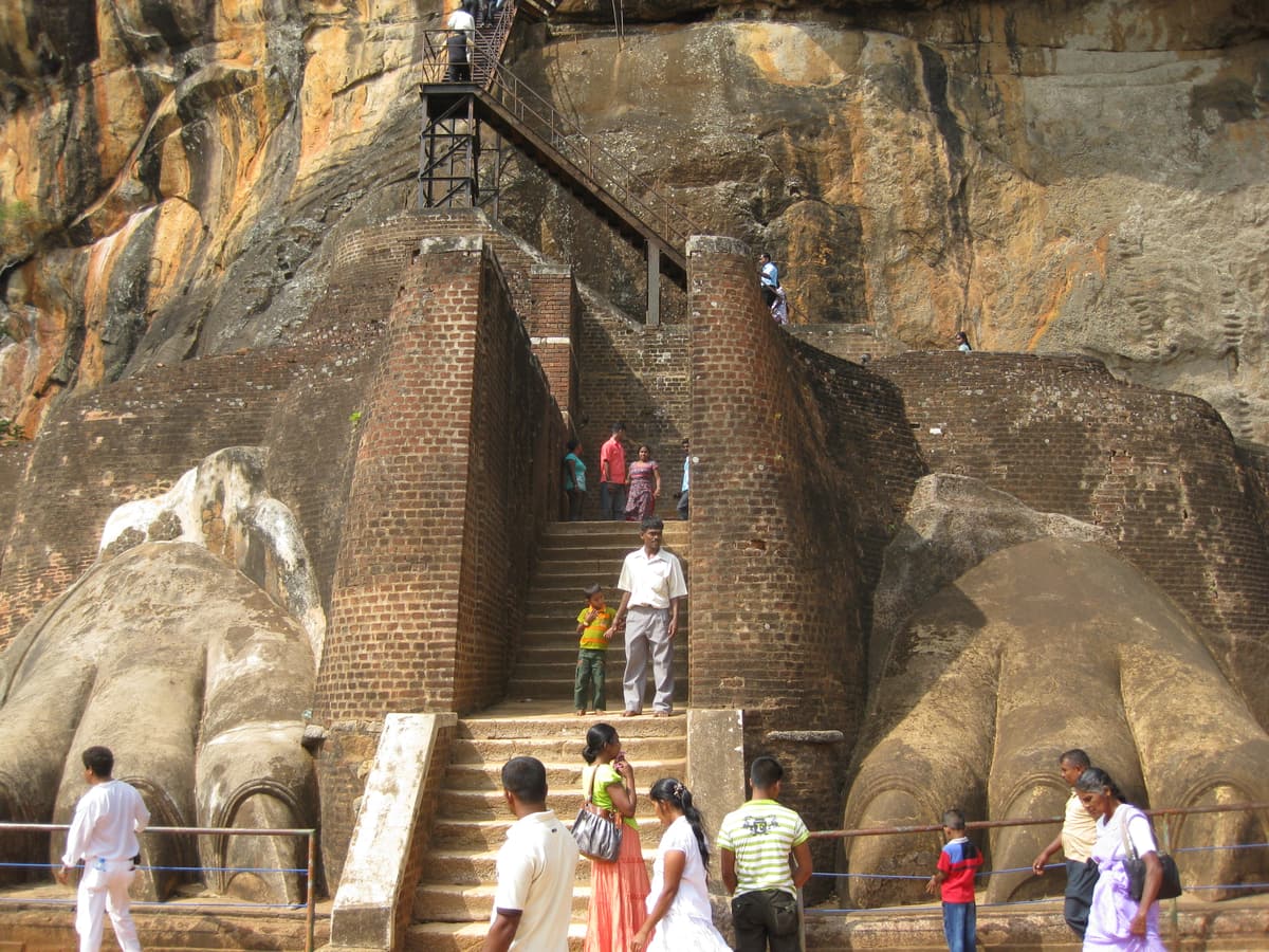 The staircase to the summit of Sigiriya passing between two giant carved lion paws