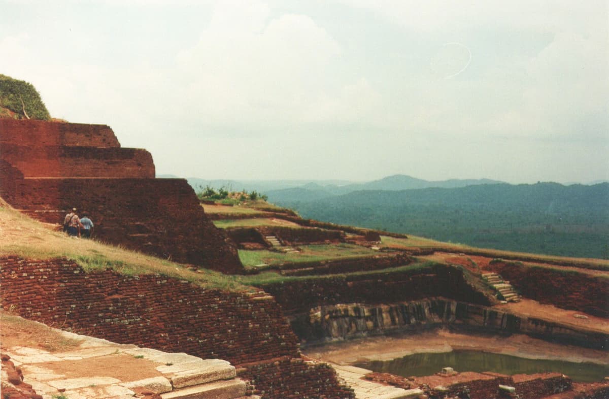Brick foundations of the palace on the summit of Sigiriya with the plains far below